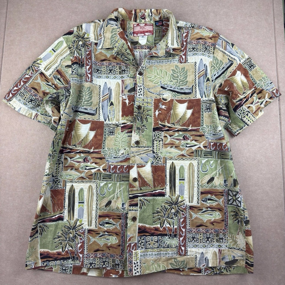 Vintage RJC Shirt Mens XL Hawaiian USA Brown Green Boats Fish‎ Surf Cotton Aloha